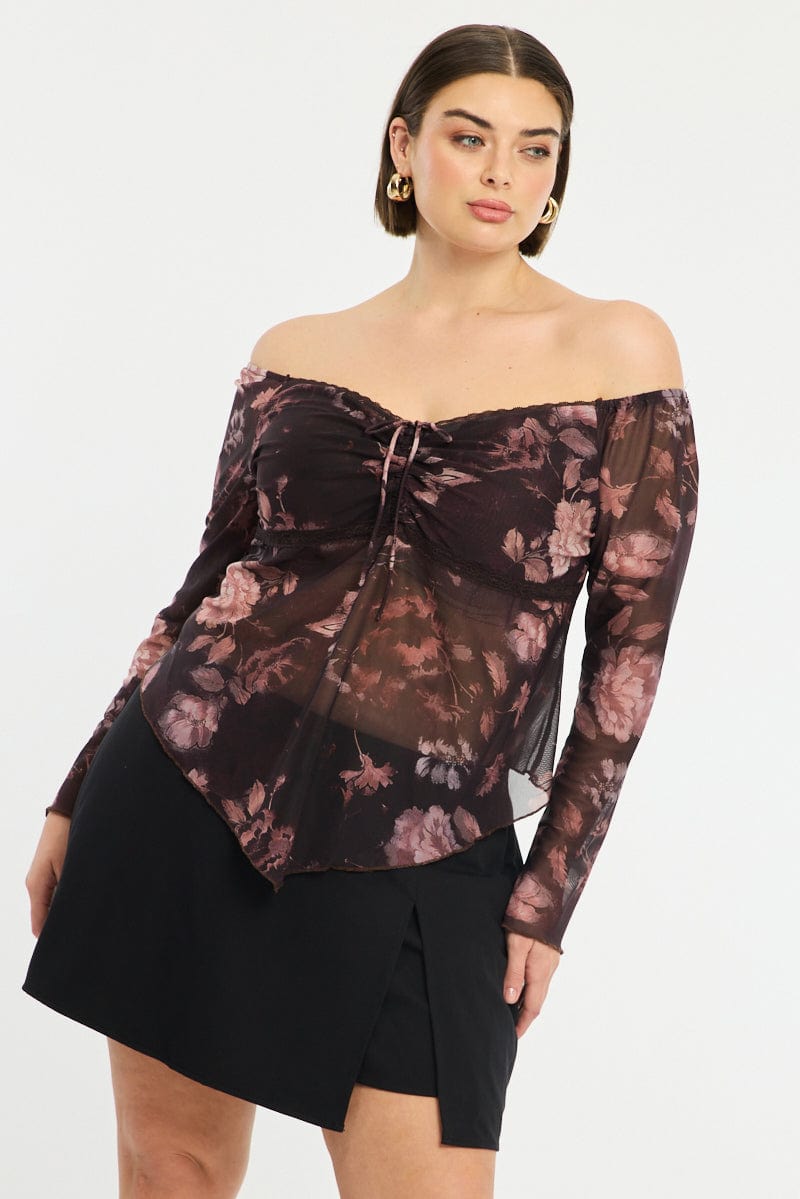 Red Floral Mesh Top Long Sleeve for YouandAll Fashion