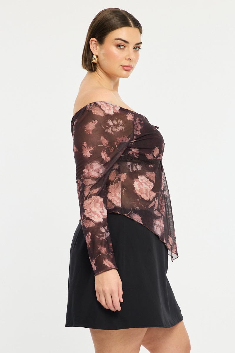 Red Floral Mesh Top Long Sleeve for YouandAll Fashion