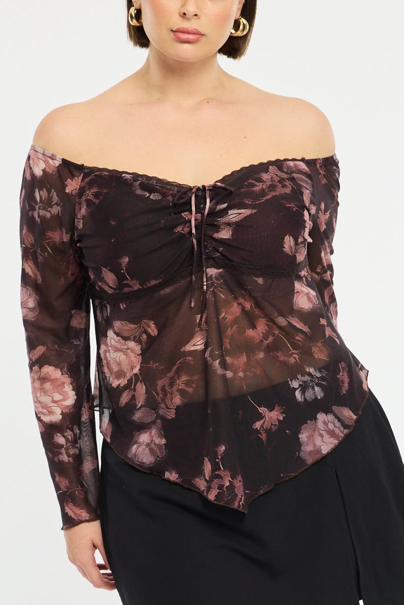 Red Floral Mesh Top Long Sleeve for YouandAll Fashion