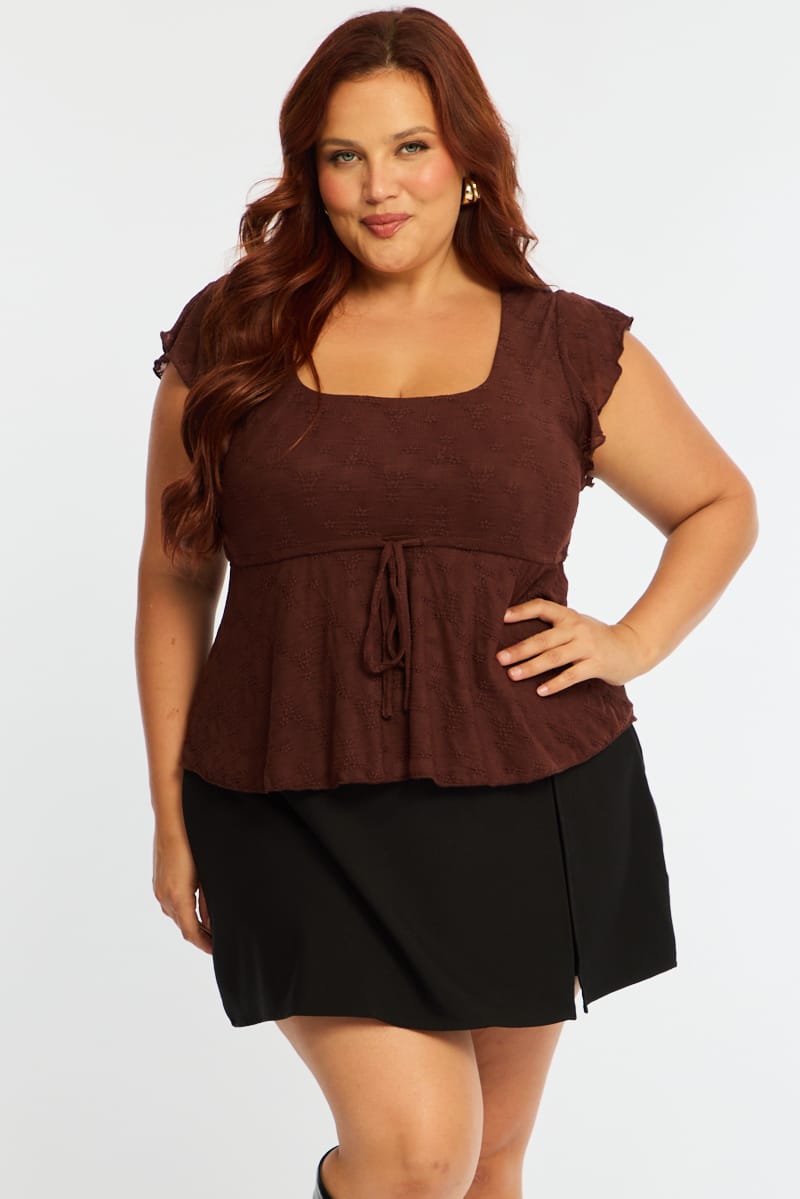 Brown Floral Babydoll Top Short Sleeve Mesh Floral for YouandAll Fashion