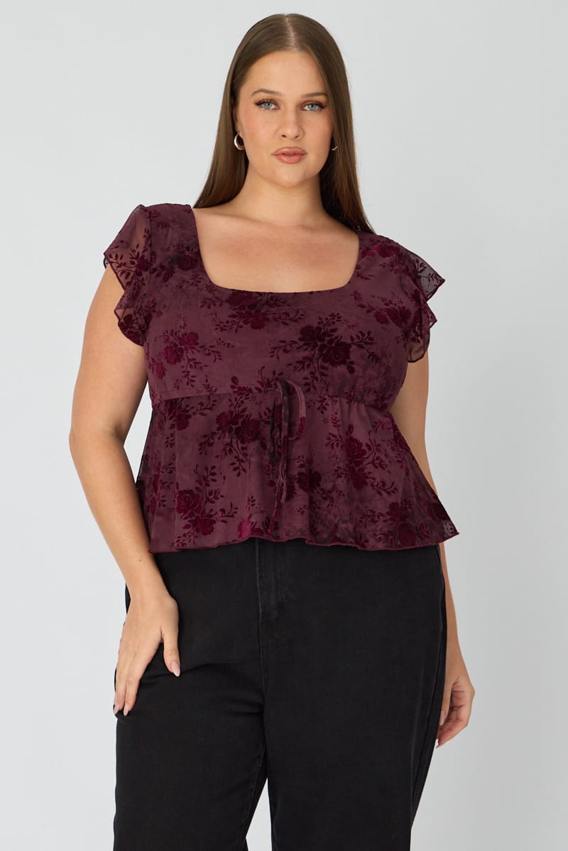 Red Floral Babydoll Top Short Sleeve Mesh Floral for YouandAll Fashion