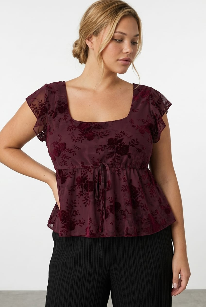 Red Floral Babydoll Top Short Sleeve Mesh Floral for YouandAll Fashion