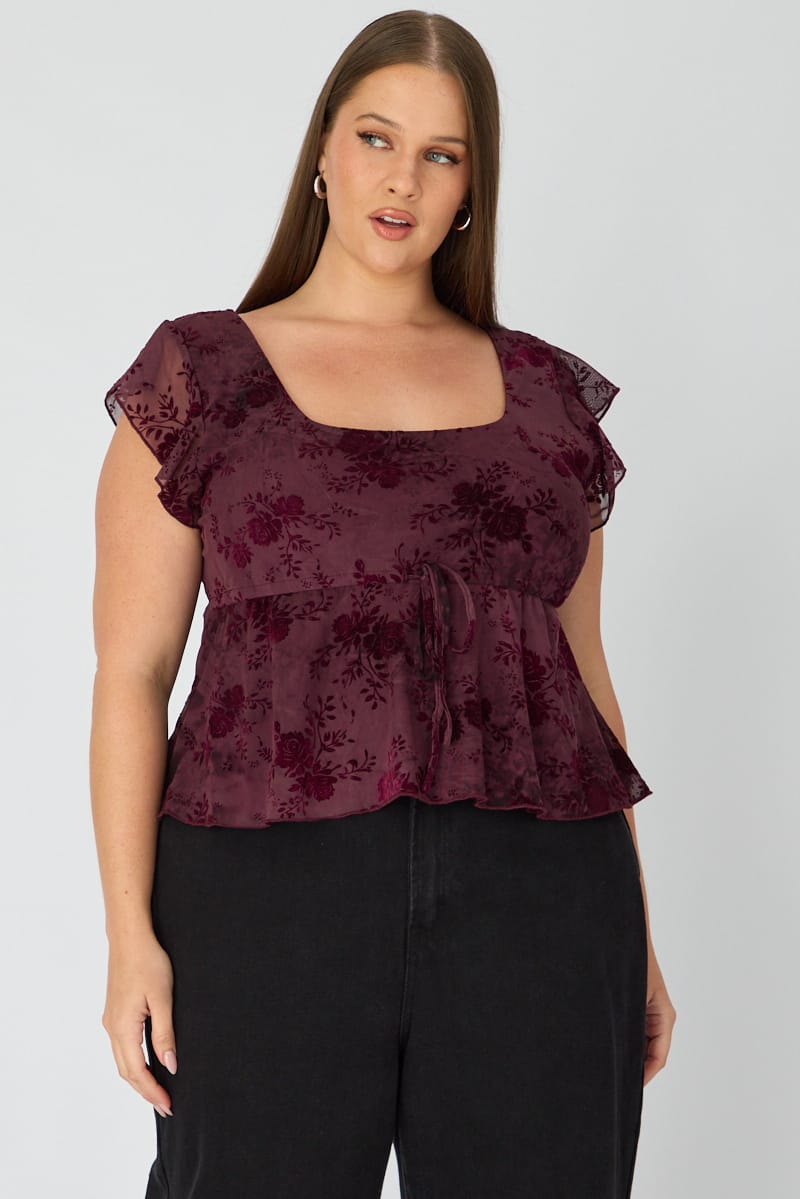 Red Floral Babydoll Top Short Sleeve Mesh Floral for YouandAll Fashion