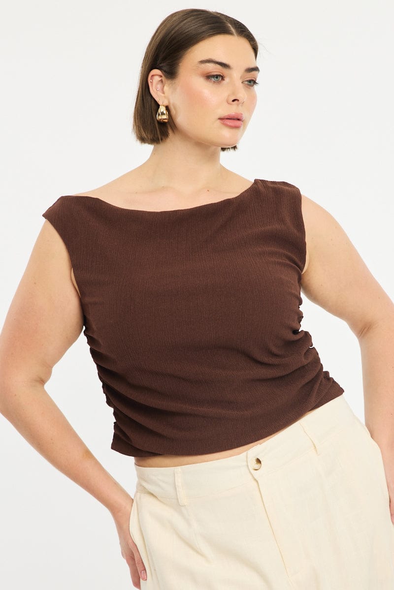 Brown Asymmetric Top Short Sleeve Textured for YouandAll Fashion