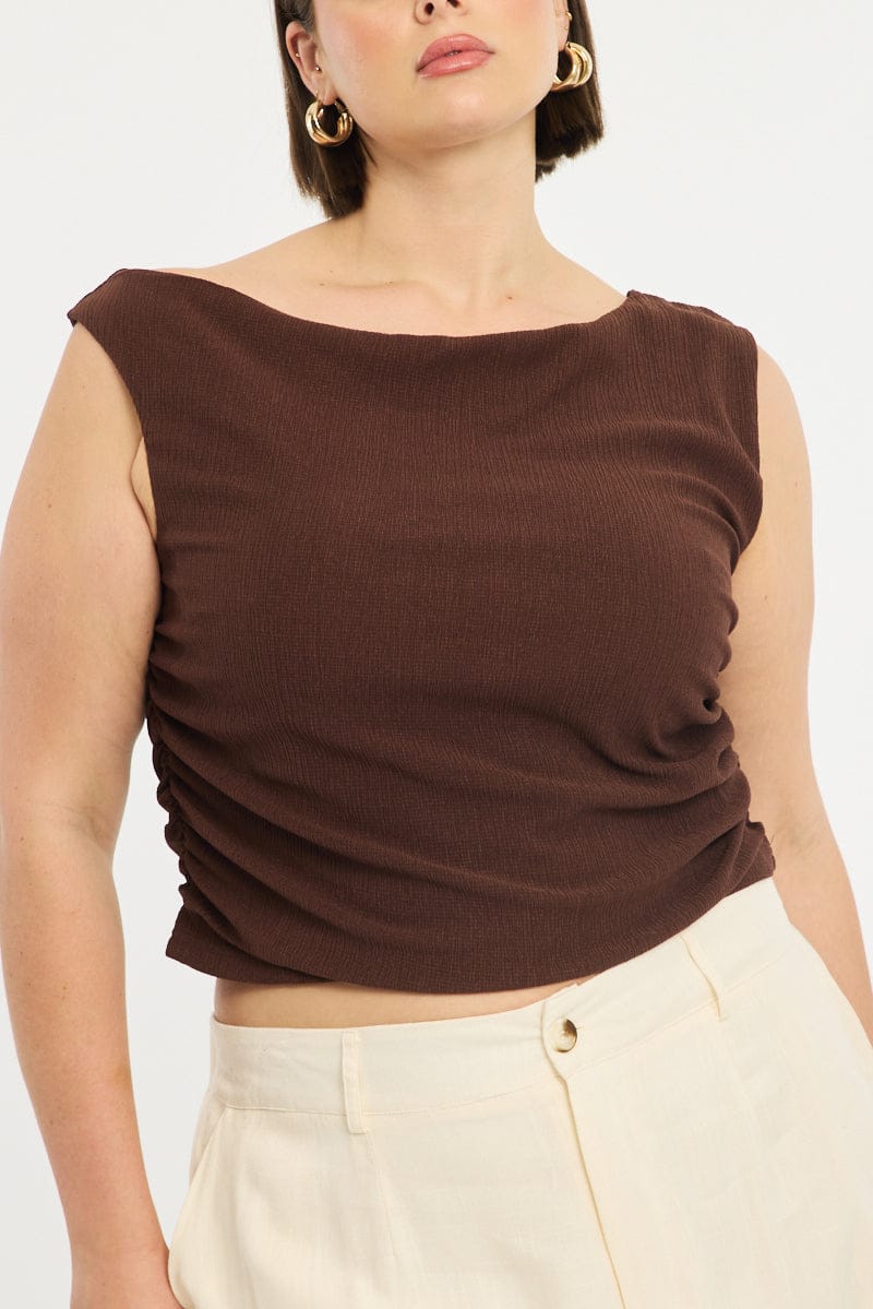 Brown Asymmetric Top Short Sleeve Textured for YouandAll Fashion