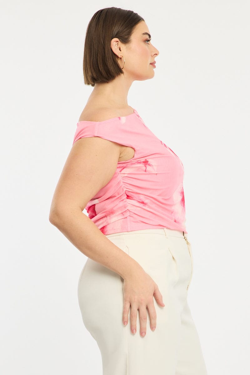 Pink Floral Asymmetric Top Short Sleeve Mesh for YouandAll Fashion