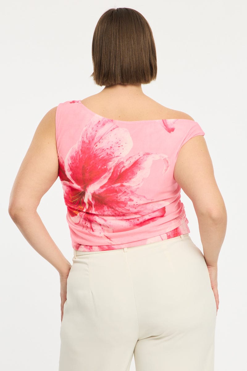 Pink Floral Asymmetric Top Short Sleeve Mesh for YouandAll Fashion