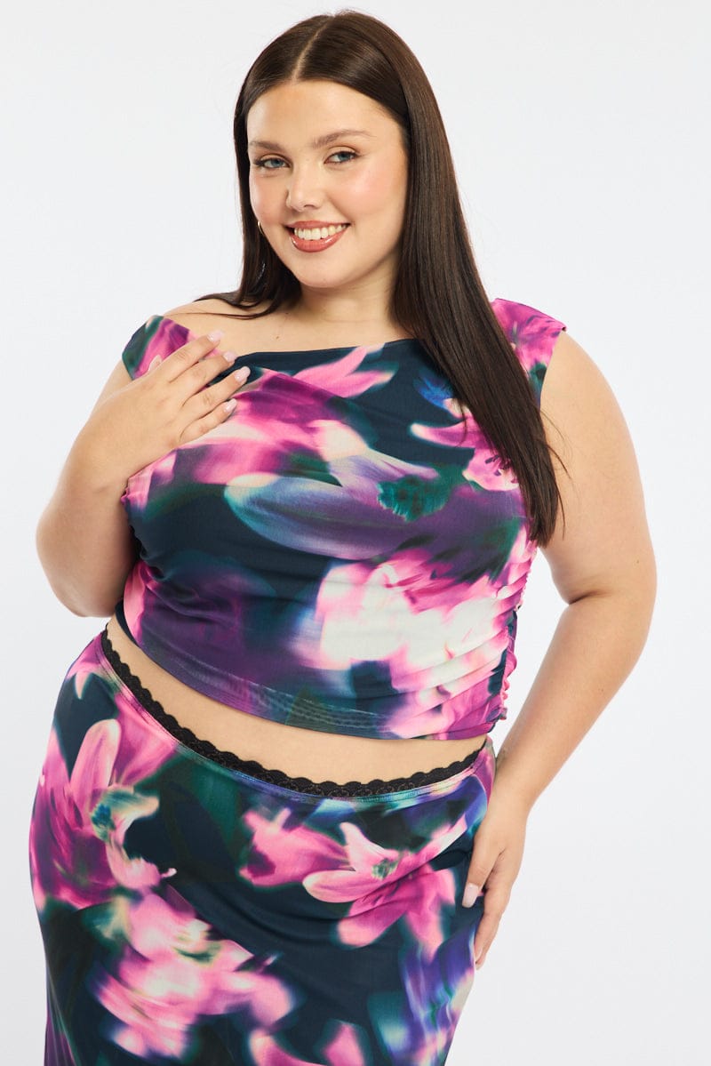 Black Floral Mesh Top Asymmetric Shoulder for YouandAll Fashion