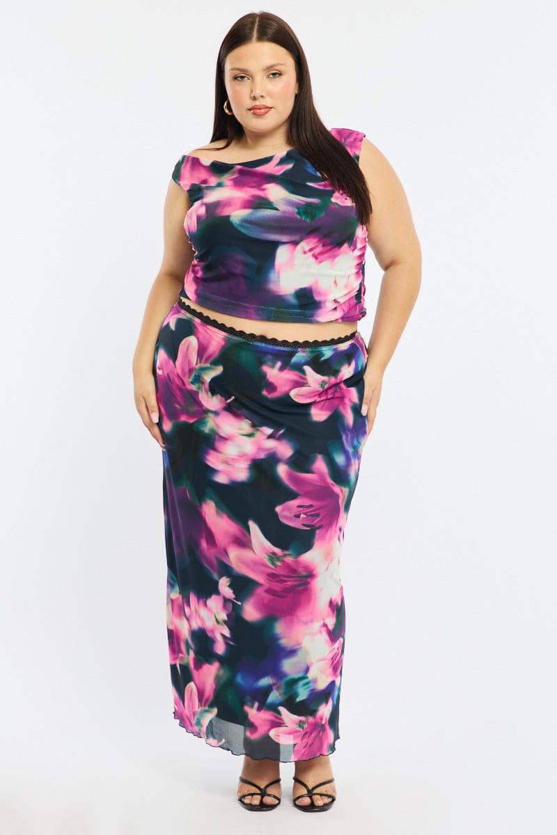 Black Floral Mesh Top Asymmetric Shoulder for YouandAll Fashion