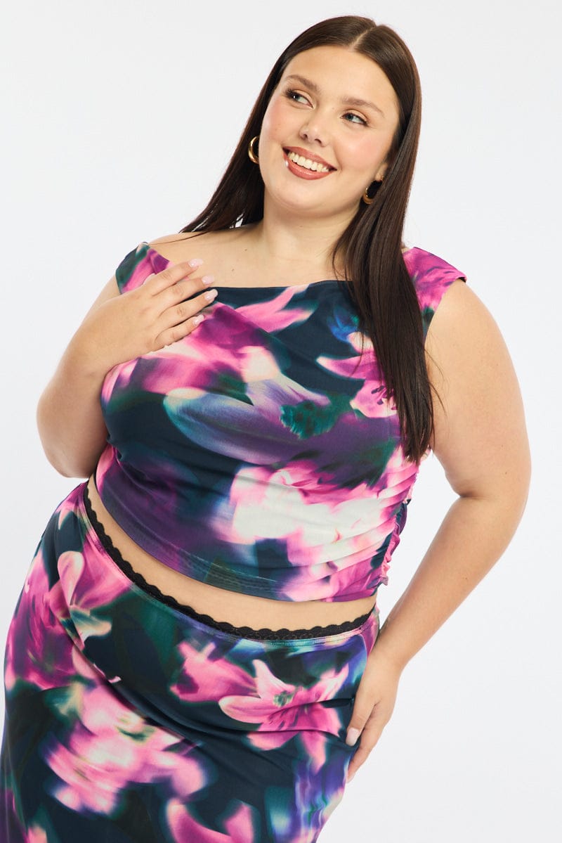 Black Floral Mesh Top Asymmetric Shoulder for YouandAll Fashion