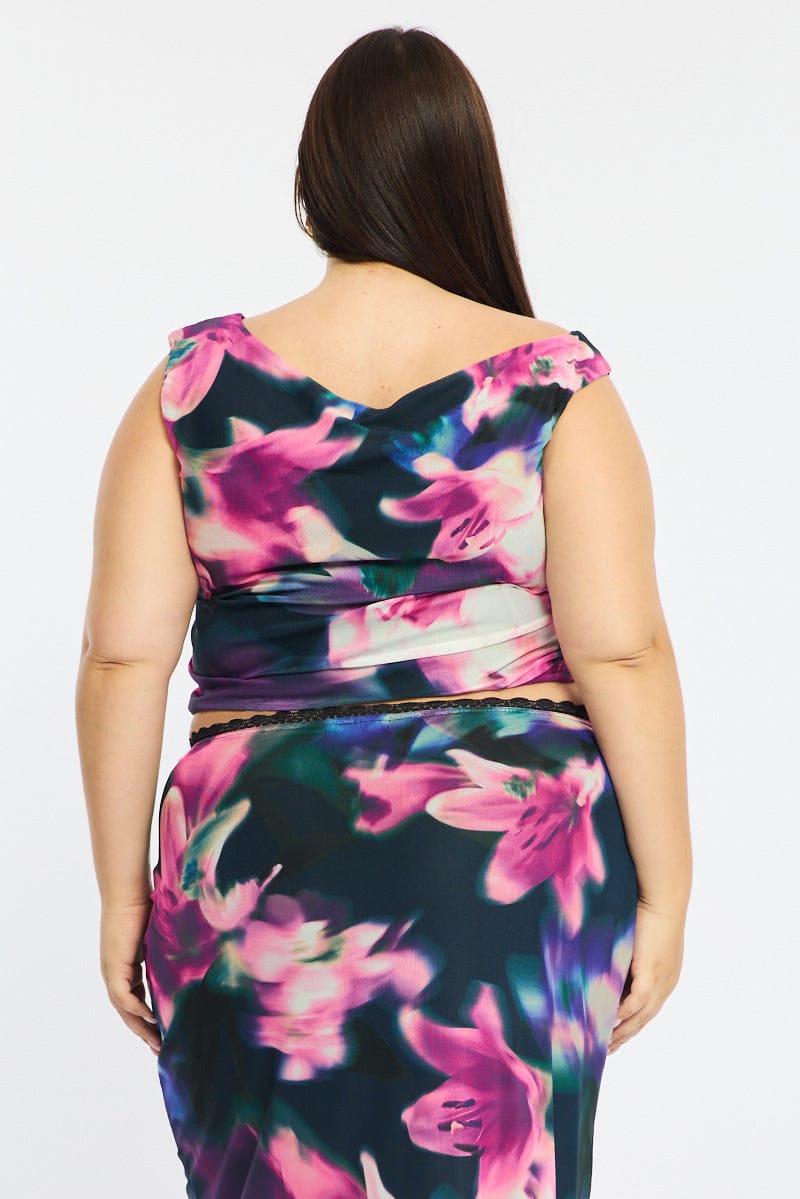 Black Floral Mesh Top Asymmetric Shoulder for YouandAll Fashion