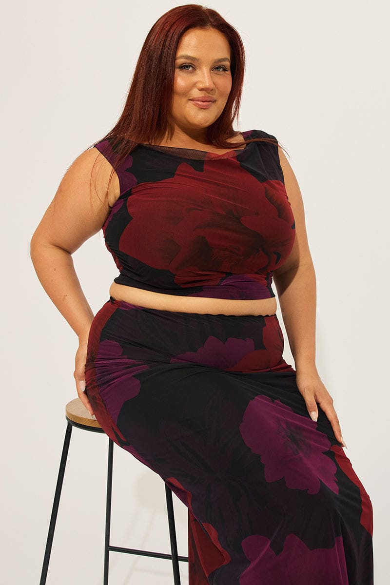 Red Floral Asymmetrical Top Sleeveless Mesh for YouandAll Fashion