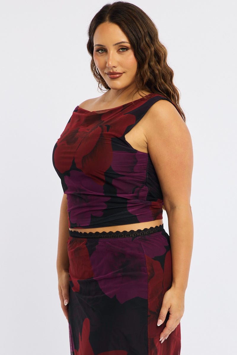 Red Floral Asymmetrical Top Sleeveless Mesh for YouandAll Fashion