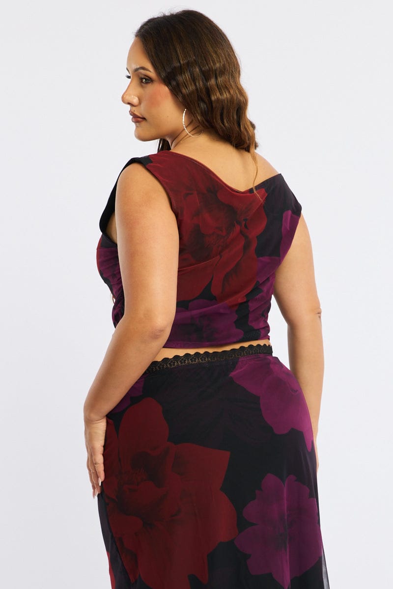 Red Floral Asymmetrical Top Sleeveless Mesh for YouandAll Fashion