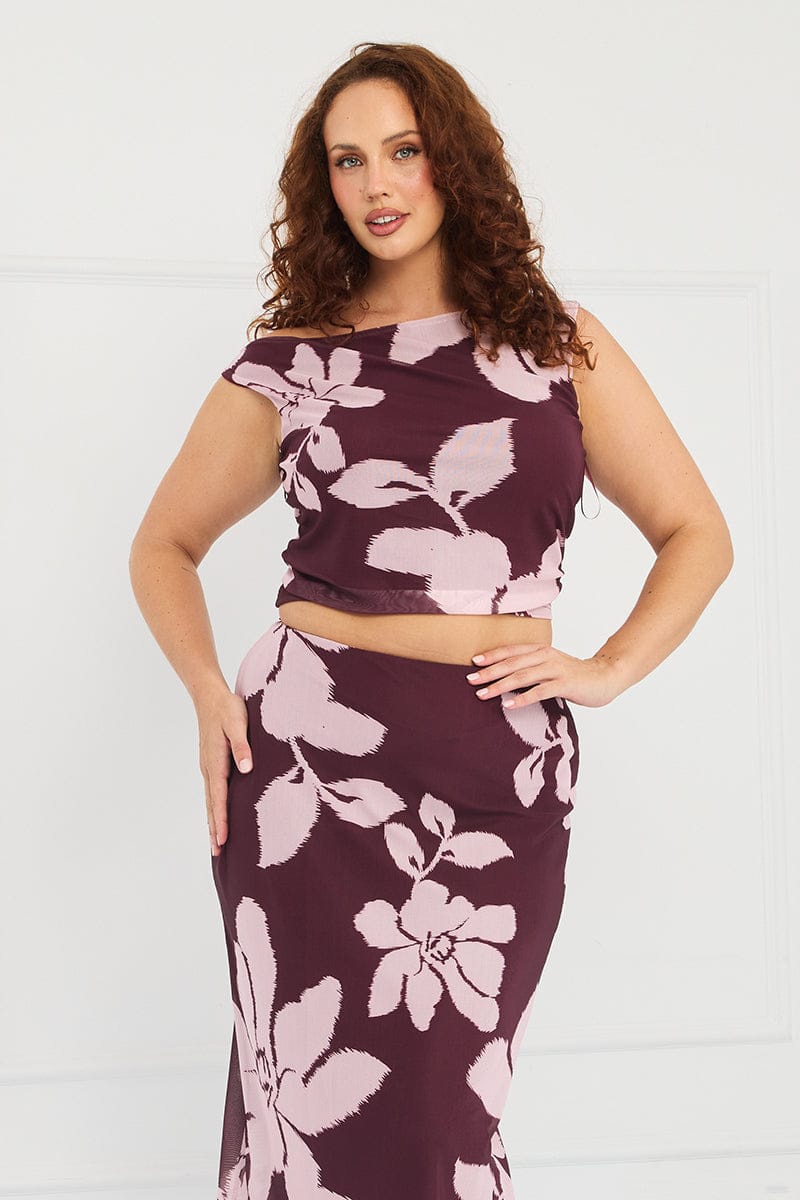 Red Floral Mesh Top Asymmetric Shoulder for YouandAll Fashion