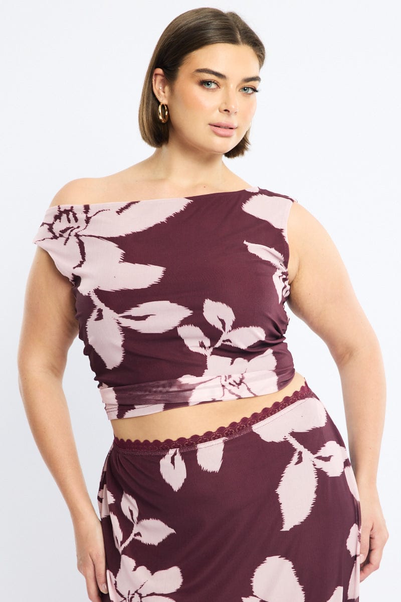 Red Floral Mesh Top Asymmetric Shoulder for YouandAll Fashion