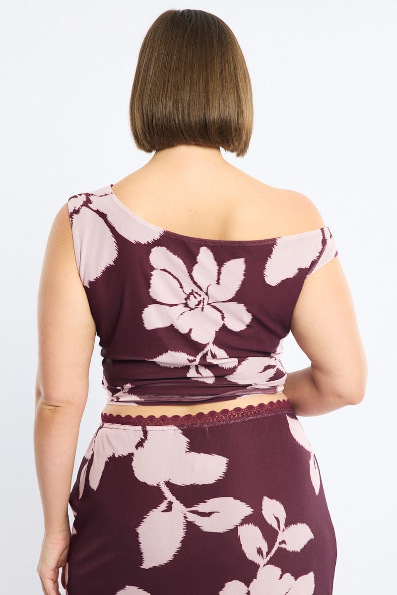 Red Floral Mesh Top Asymmetric Shoulder for YouandAll Fashion