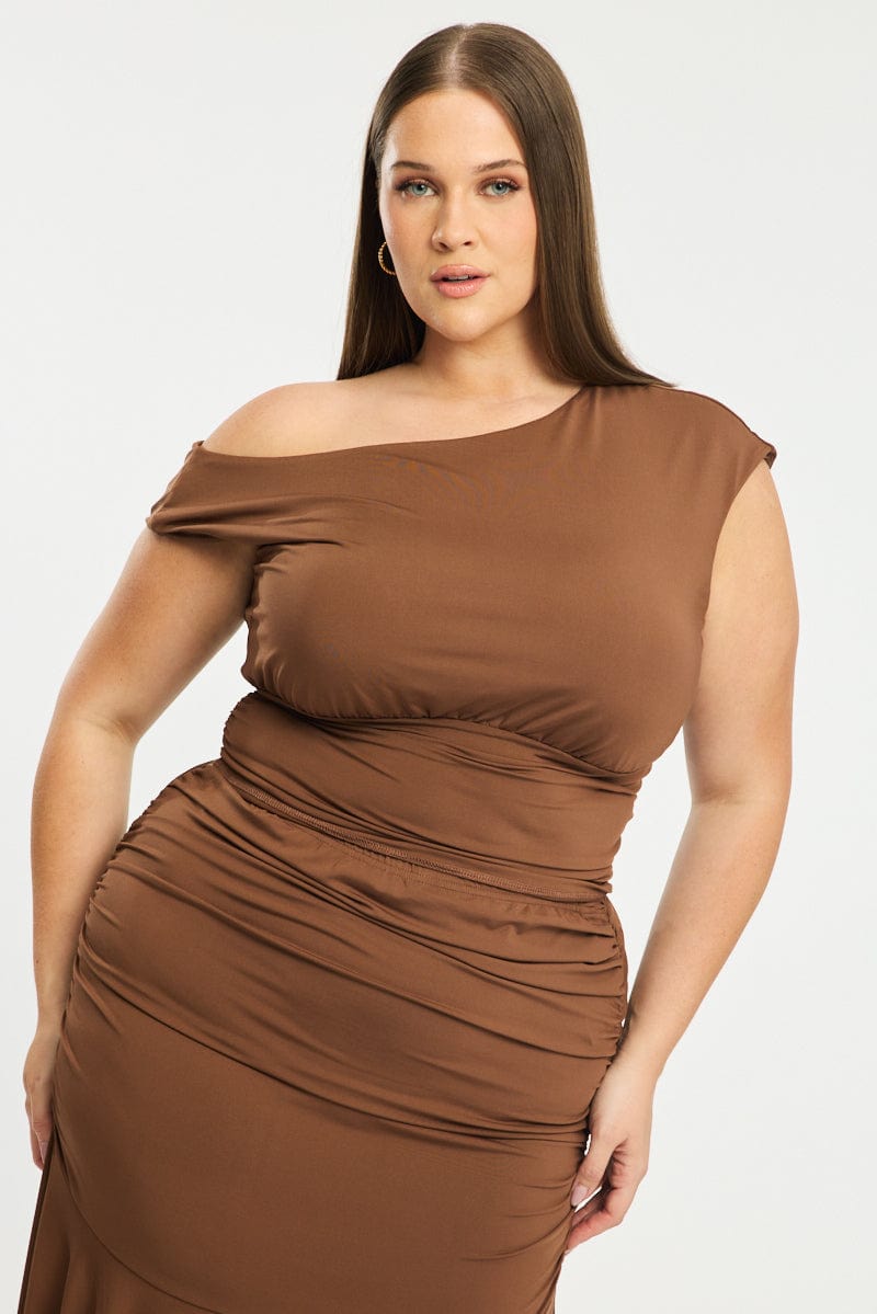 Brown Asymmetrical Top Short Sleeve Jersey for YouandAll Fashion