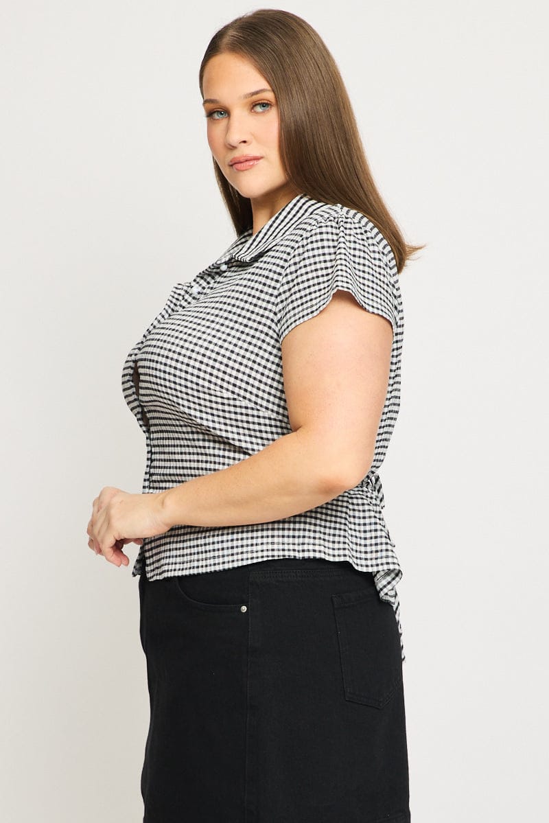Black Check Jersey Top Short Sleeve Textured for YouandAll Fashion