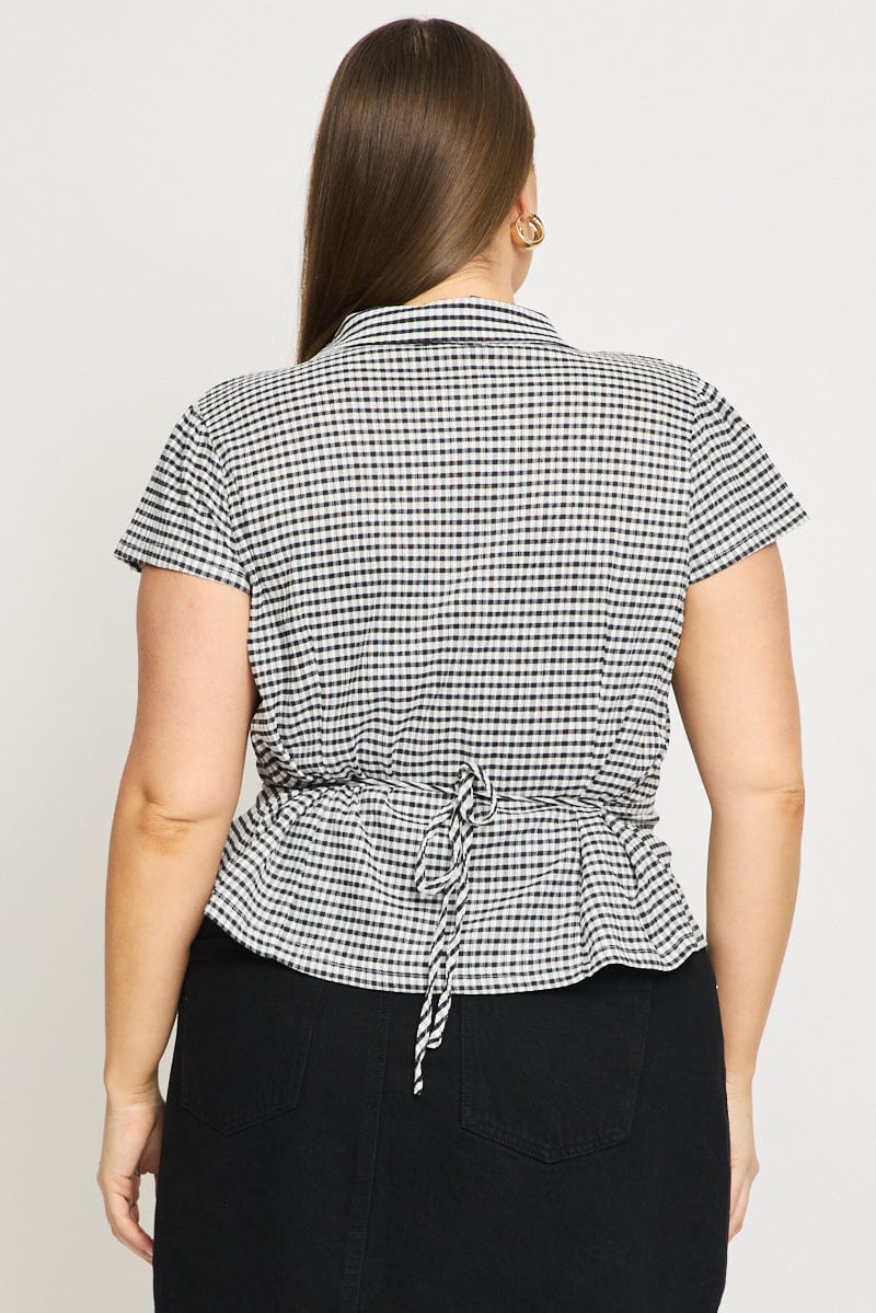 Black Check Jersey Top Short Sleeve Textured for YouandAll Fashion