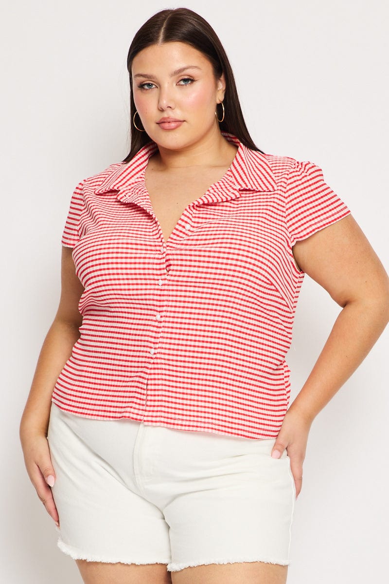 Red Check Jersey Top Short Sleeve Textured for YouandAll Fashion