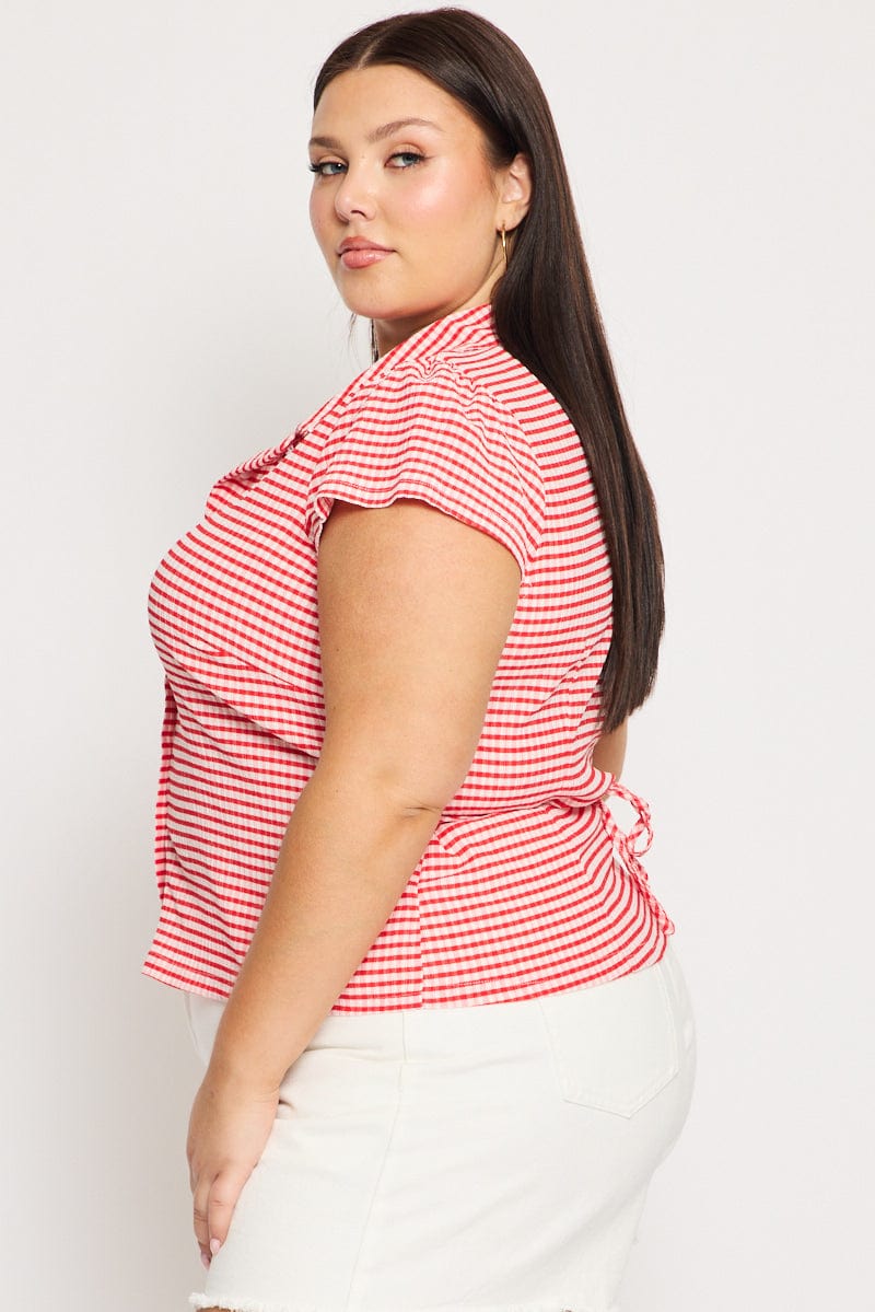 Red Check Jersey Top Short Sleeve Textured for YouandAll Fashion