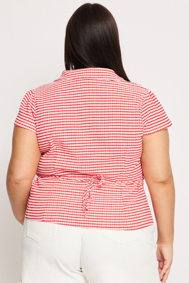 Red Check Jersey Top Short Sleeve Textured for YouandAll Fashion