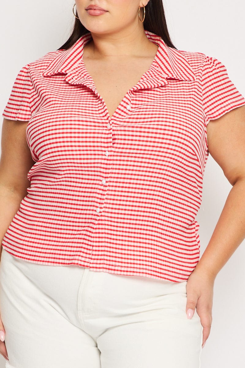 Red Check Jersey Top Short Sleeve Textured for YouandAll Fashion