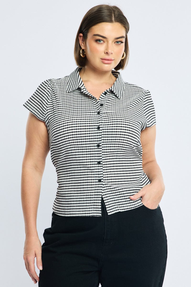 Black Check Fitted Shirt Short Sleeve Textured for YouandAll Fashion
