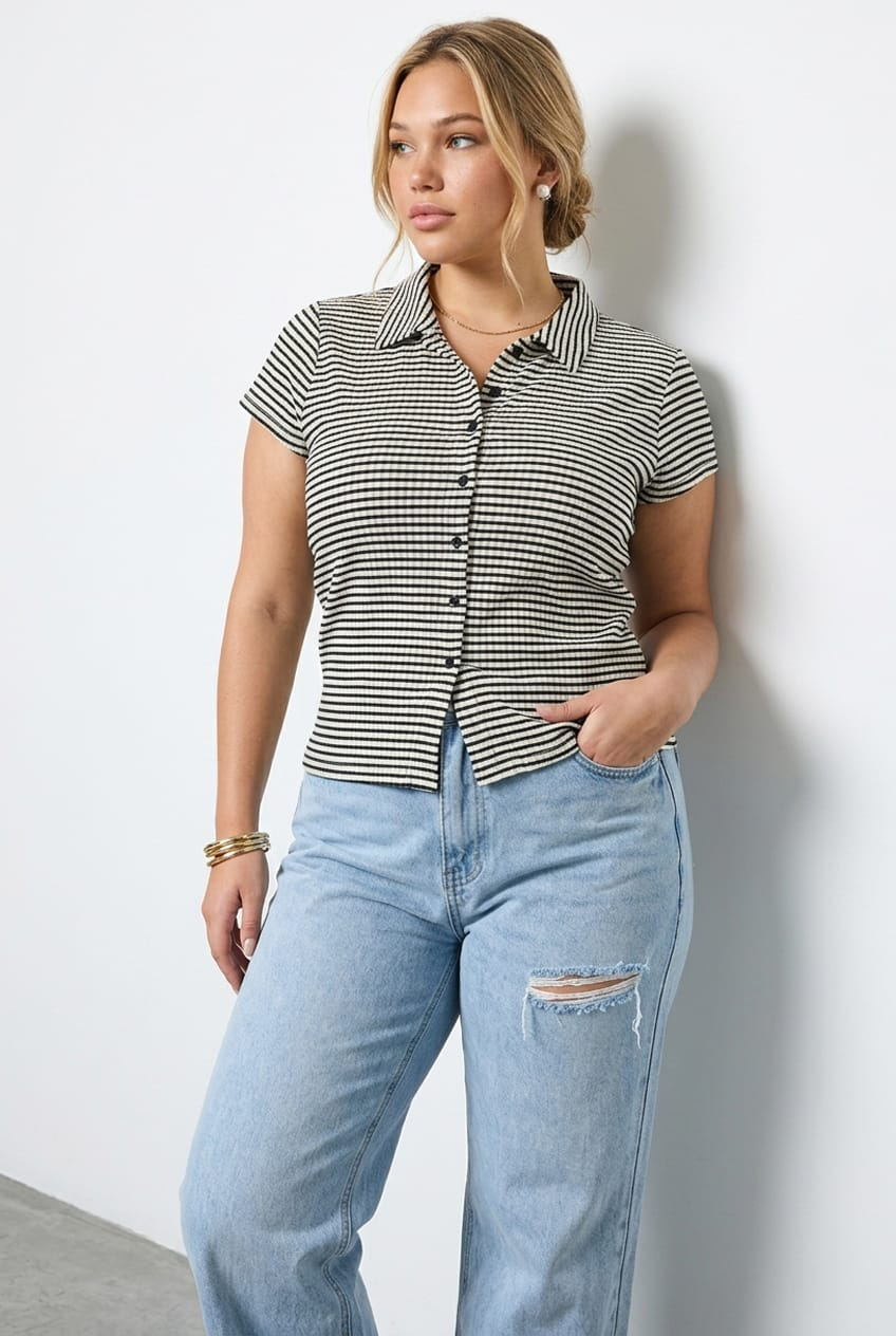 Black Check Fitted Shirt Short Sleeve Textured for YouandAll Fashion