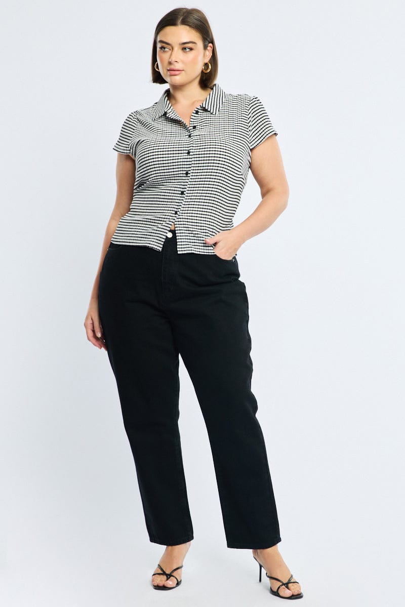 Black Check Fitted Shirt Short Sleeve Textured for YouandAll Fashion