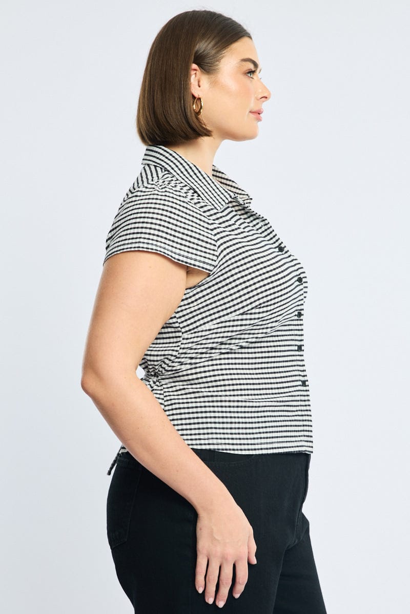 Black Check Fitted Shirt Short Sleeve Textured for YouandAll Fashion