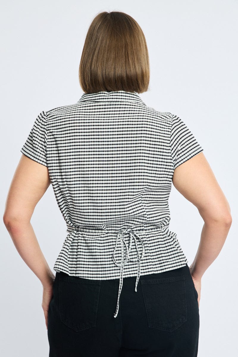 Black Check Fitted Shirt Short Sleeve Textured for YouandAll Fashion