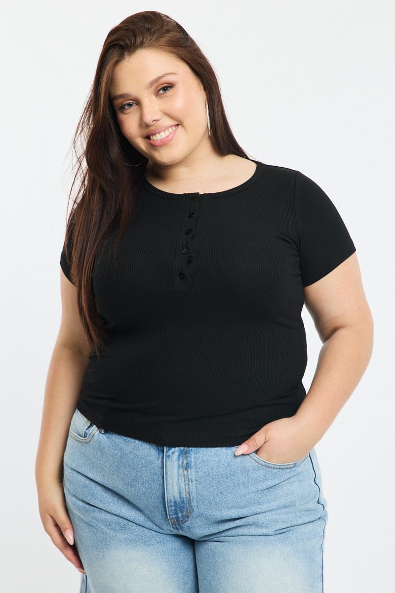 Black Button Front Top Short Sleeve Rib for YouandAll Fashion