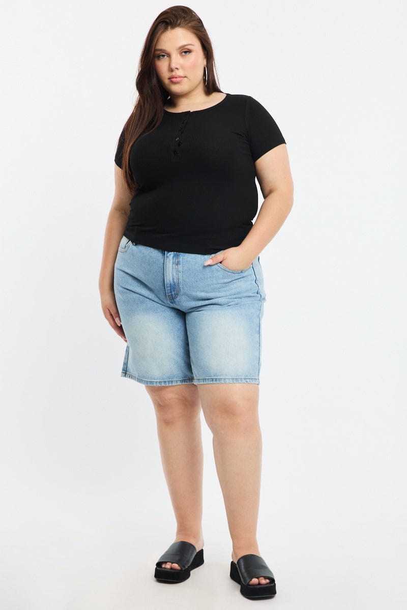 Black Button Front Top Short Sleeve Rib for YouandAll Fashion