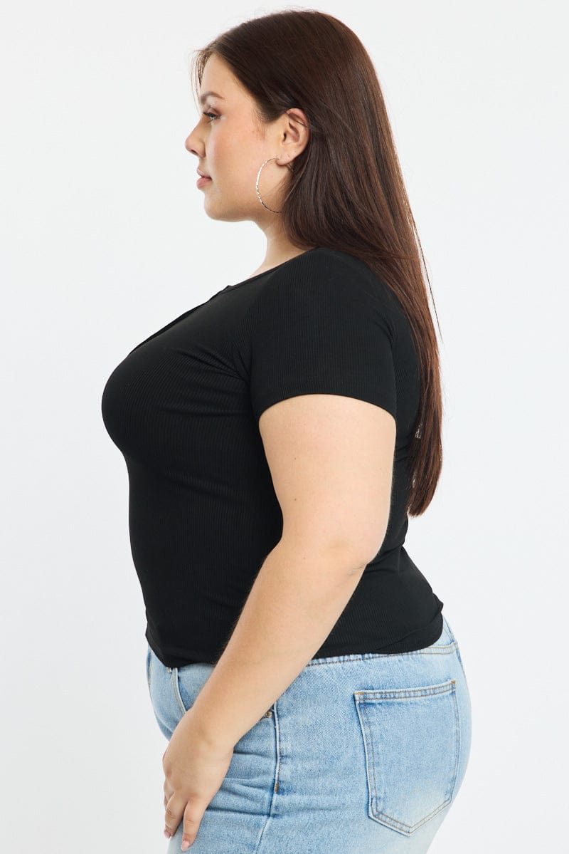Black Button Front Top Short Sleeve Rib for YouandAll Fashion