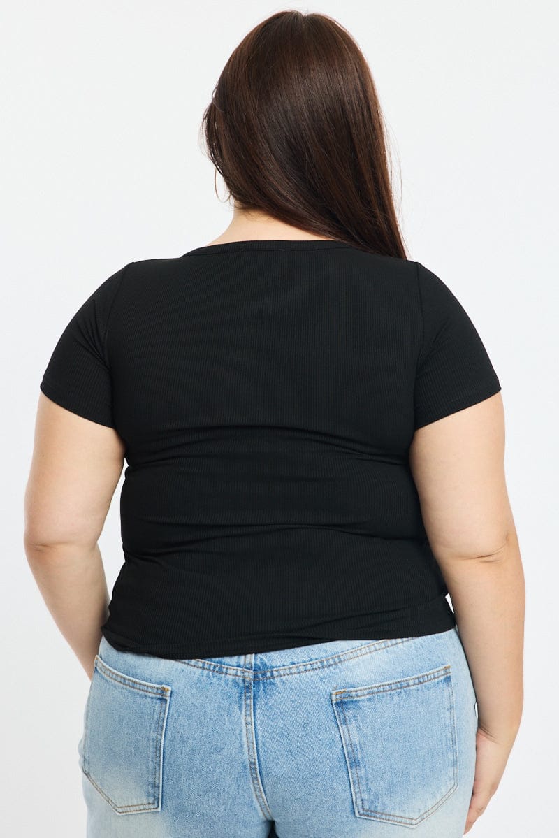 Black Button Front Top Short Sleeve Rib for YouandAll Fashion