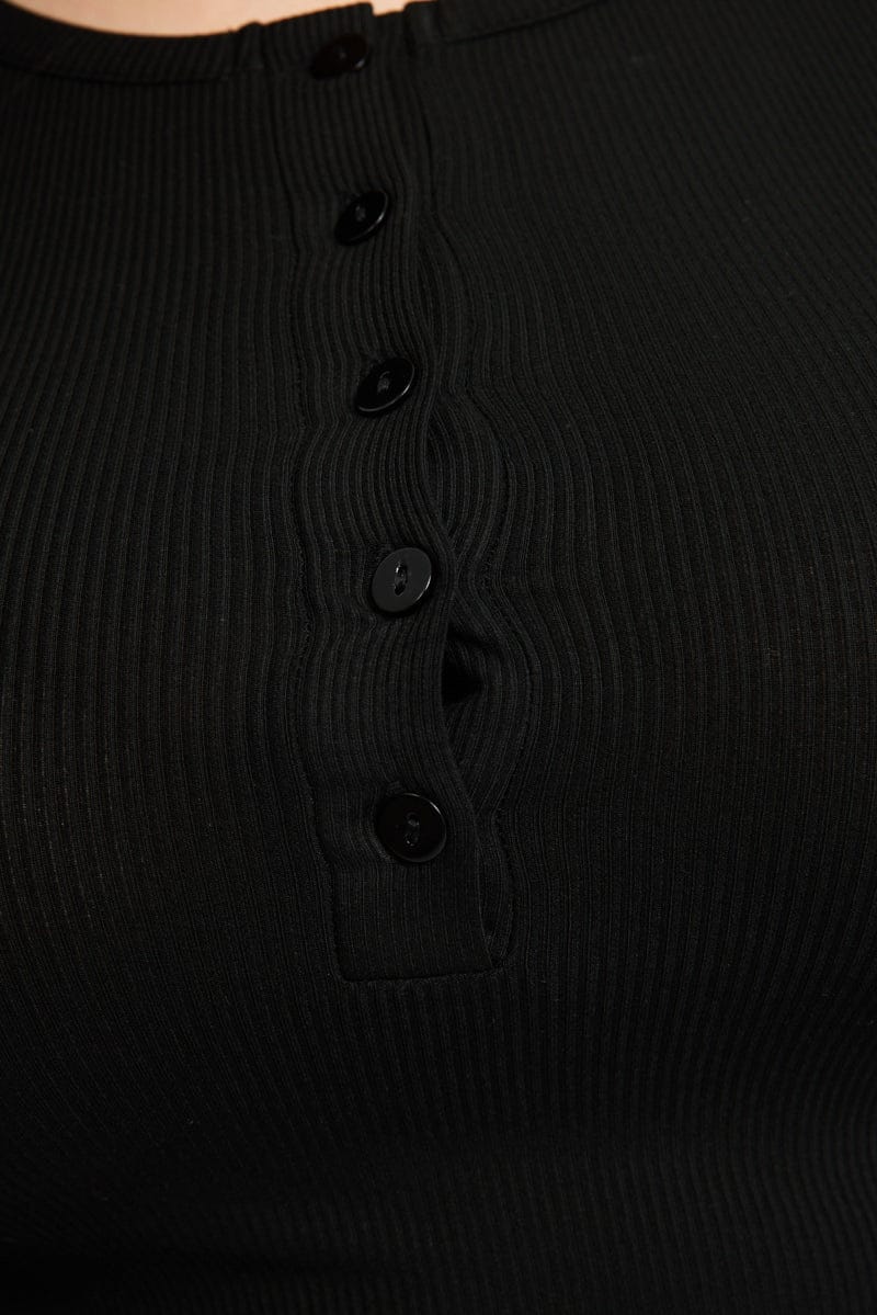 Black Button Front Top Short Sleeve Rib for YouandAll Fashion