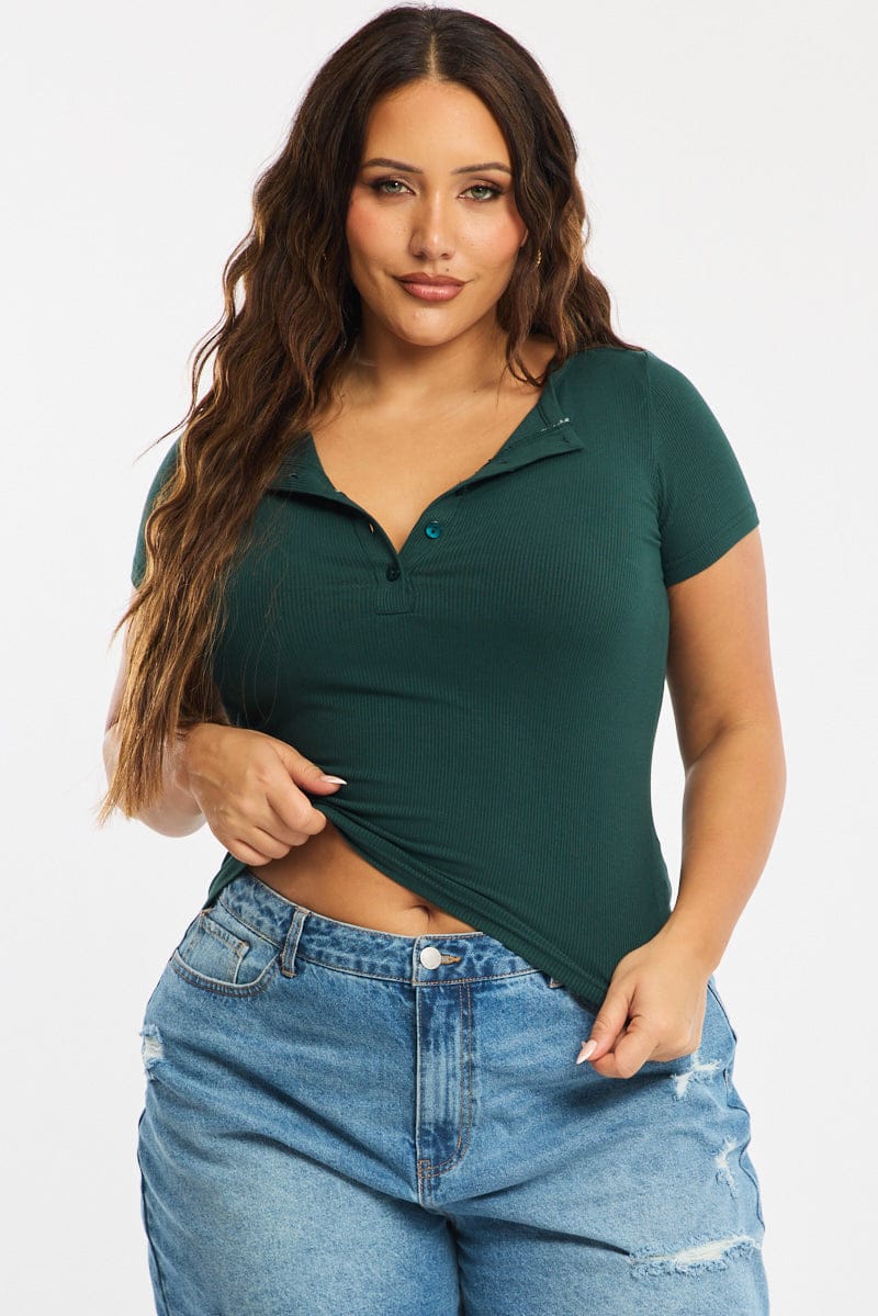 Green Button Front Top Short Sleeve Rib for YouandAll Fashion
