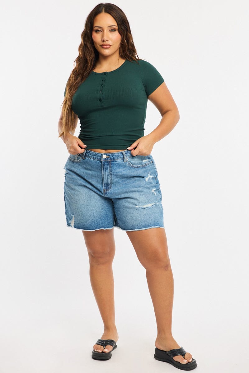 Green Button Front Top Short Sleeve Rib for YouandAll Fashion