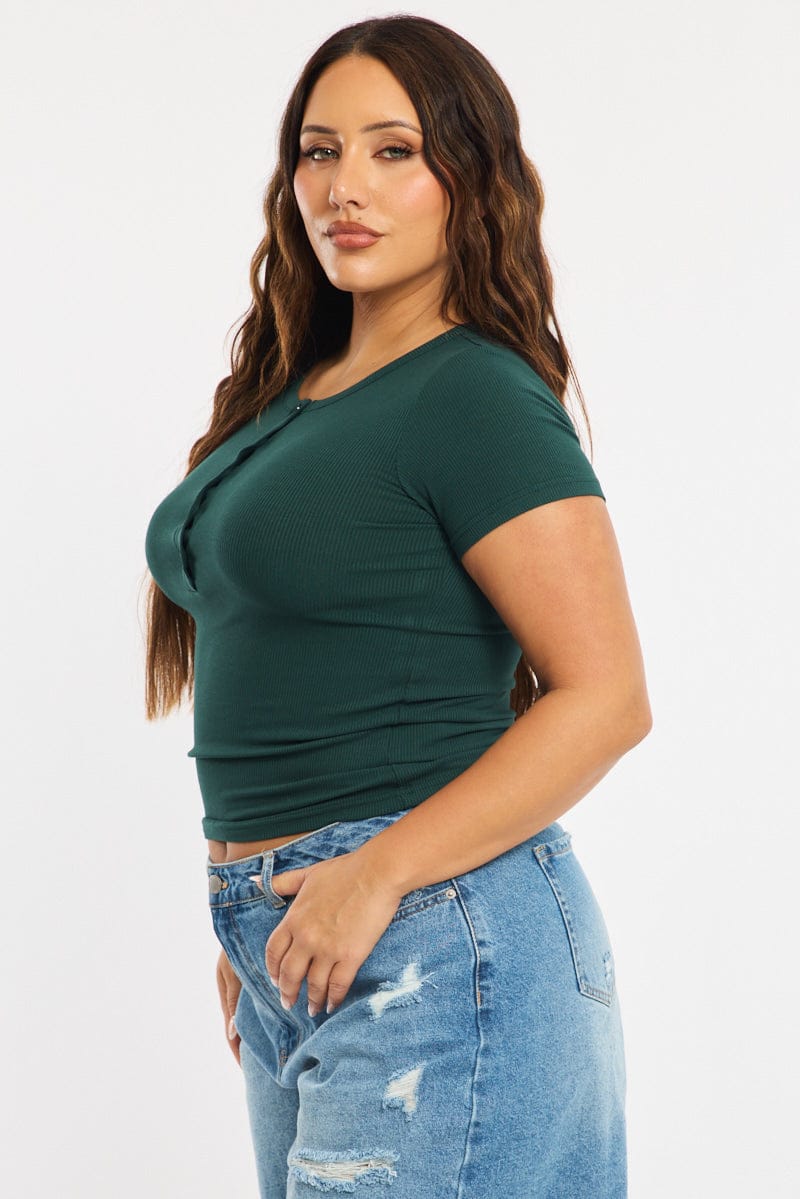 Green Button Front Top Short Sleeve Rib for YouandAll Fashion