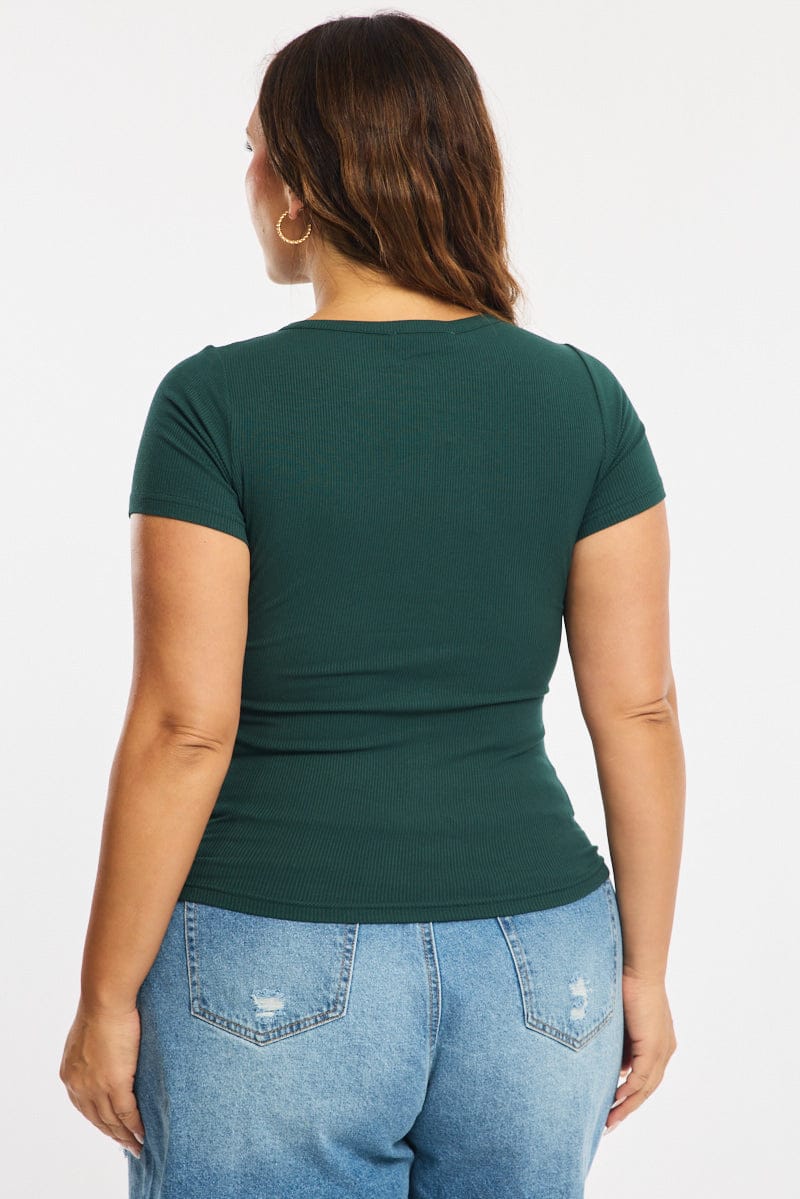 Green Button Front Top Short Sleeve Rib for YouandAll Fashion