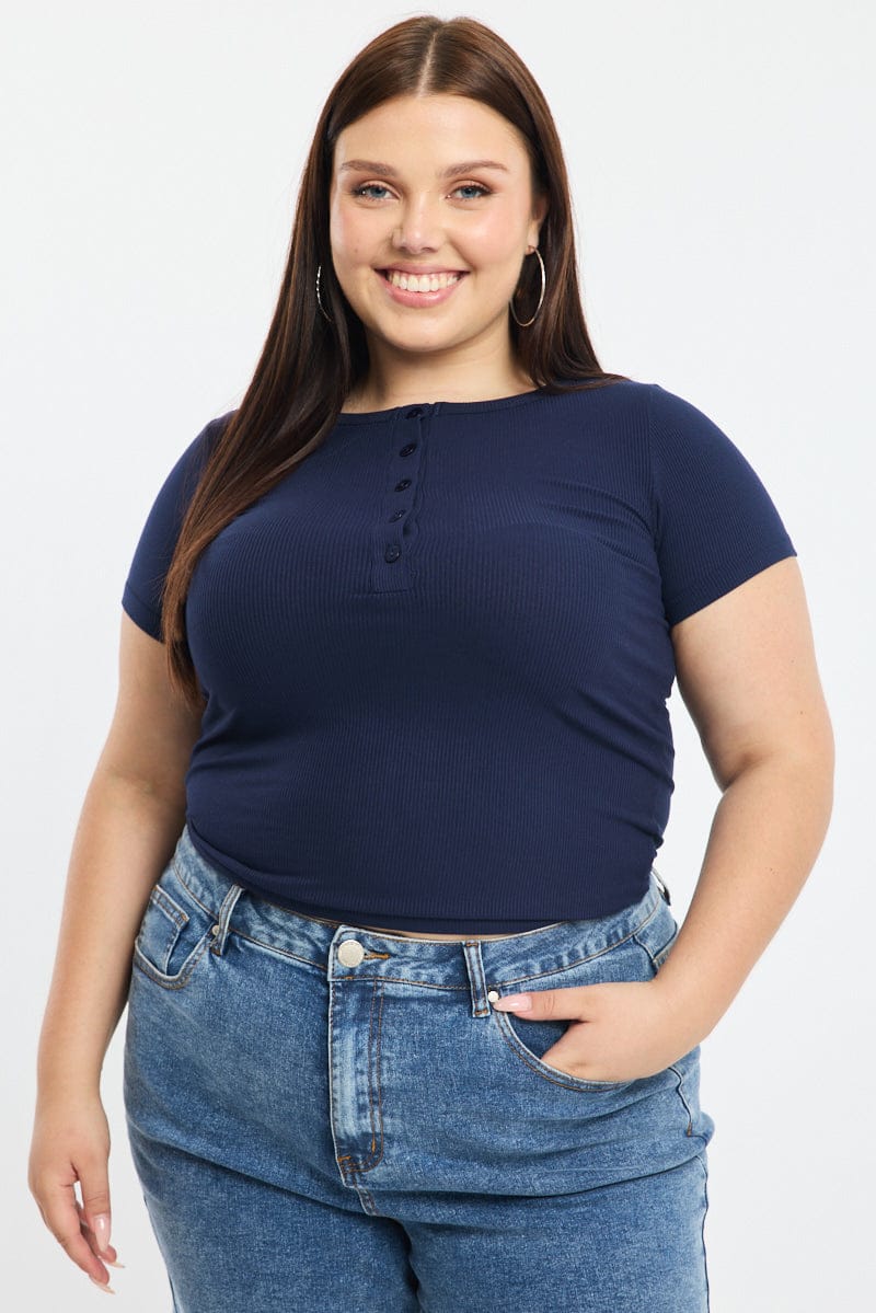 Blue Button Front Top Short Sleeve Rib for YouandAll Fashion