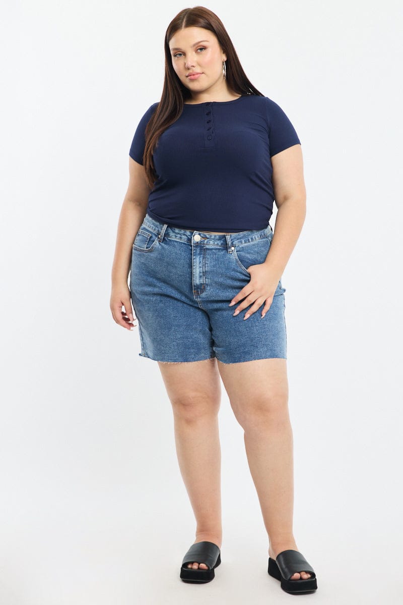 Blue Button Front Top Short Sleeve Rib for YouandAll Fashion