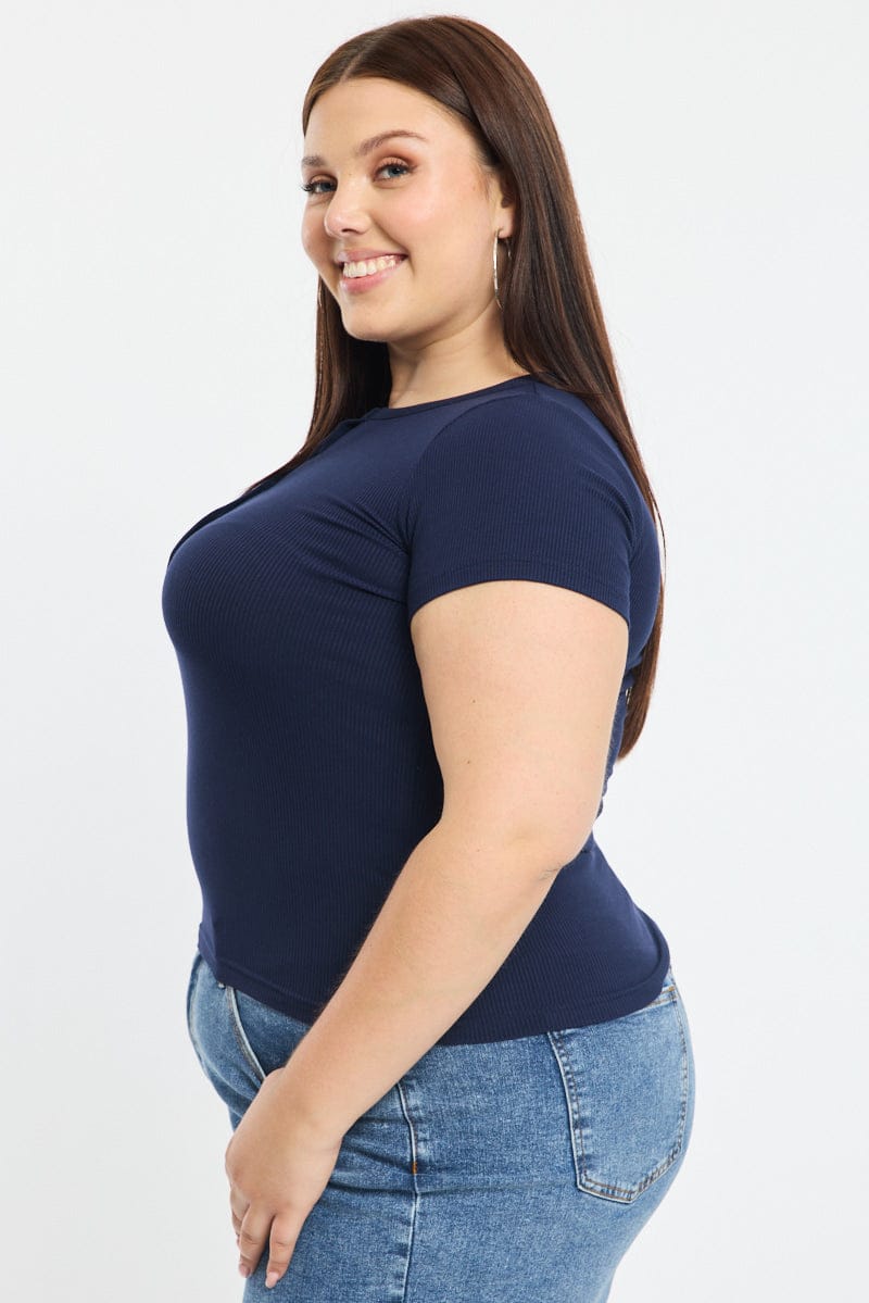 Blue Button Front Top Short Sleeve Rib for YouandAll Fashion