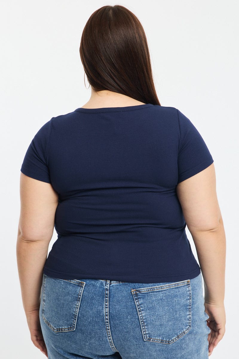 Blue Button Front Top Short Sleeve Rib for YouandAll Fashion