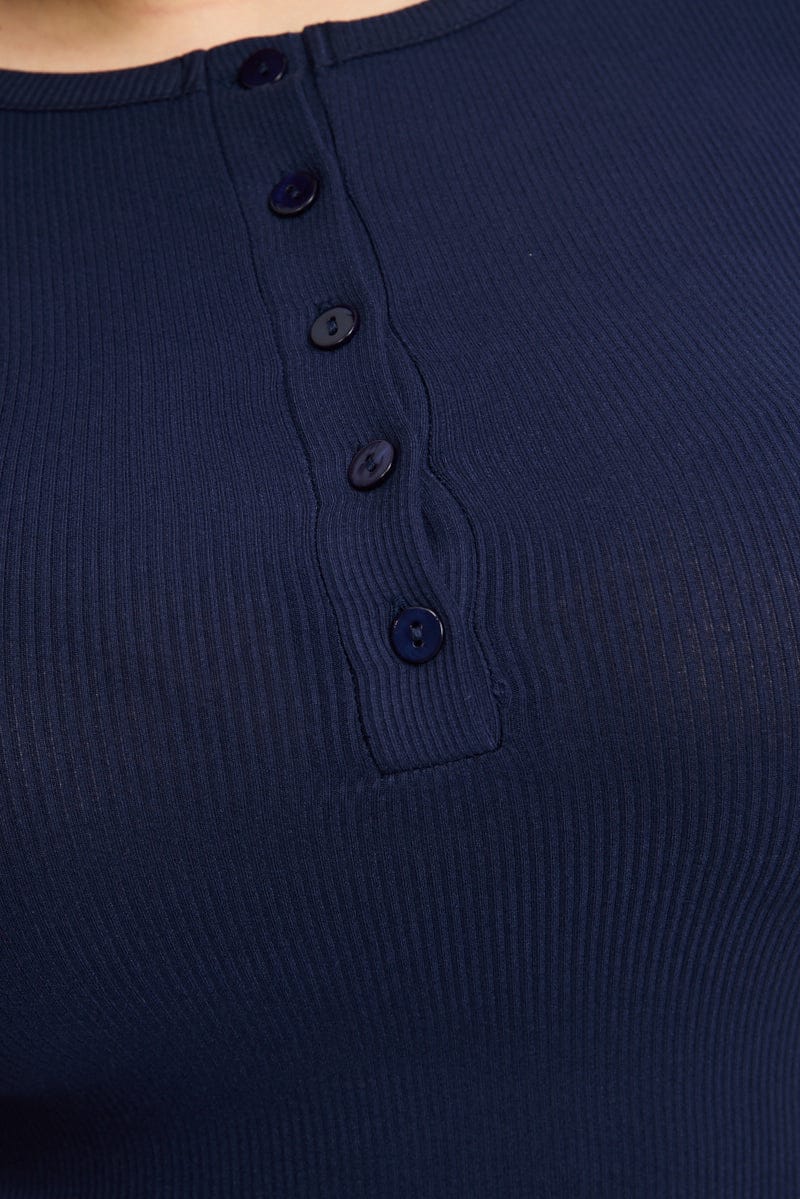 Blue Button Front Top Short Sleeve Rib for YouandAll Fashion