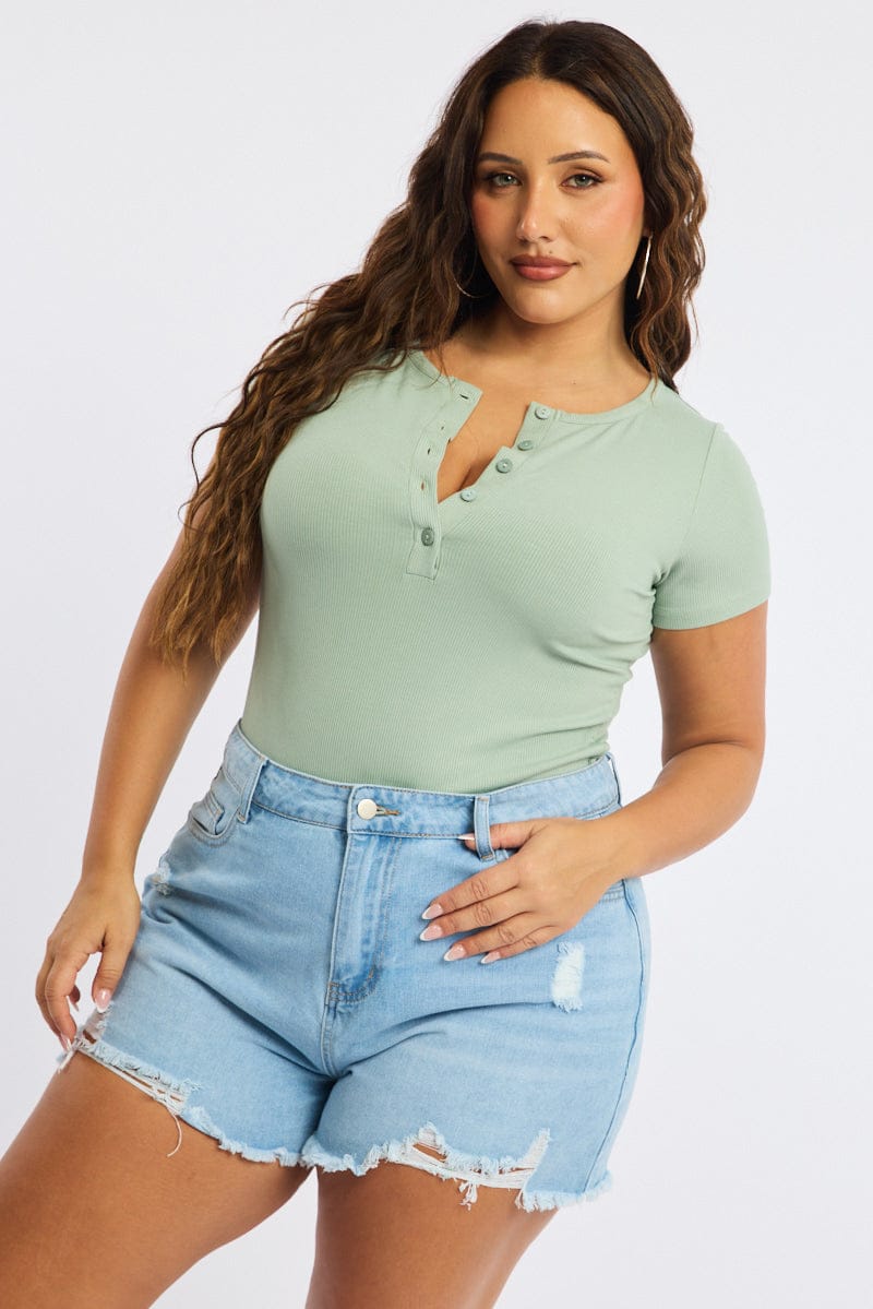 Green Button Front Top Short Sleeve Rib for YouandAll Fashion