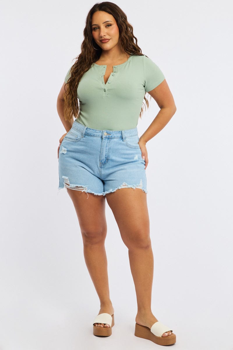 Green Button Front Top Short Sleeve Rib for YouandAll Fashion
