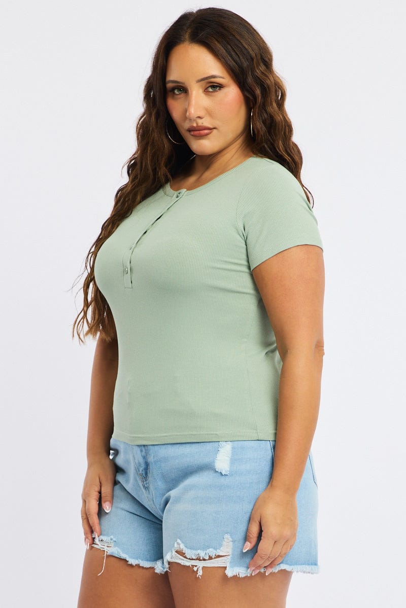 Green Button Front Top Short Sleeve Rib for YouandAll Fashion
